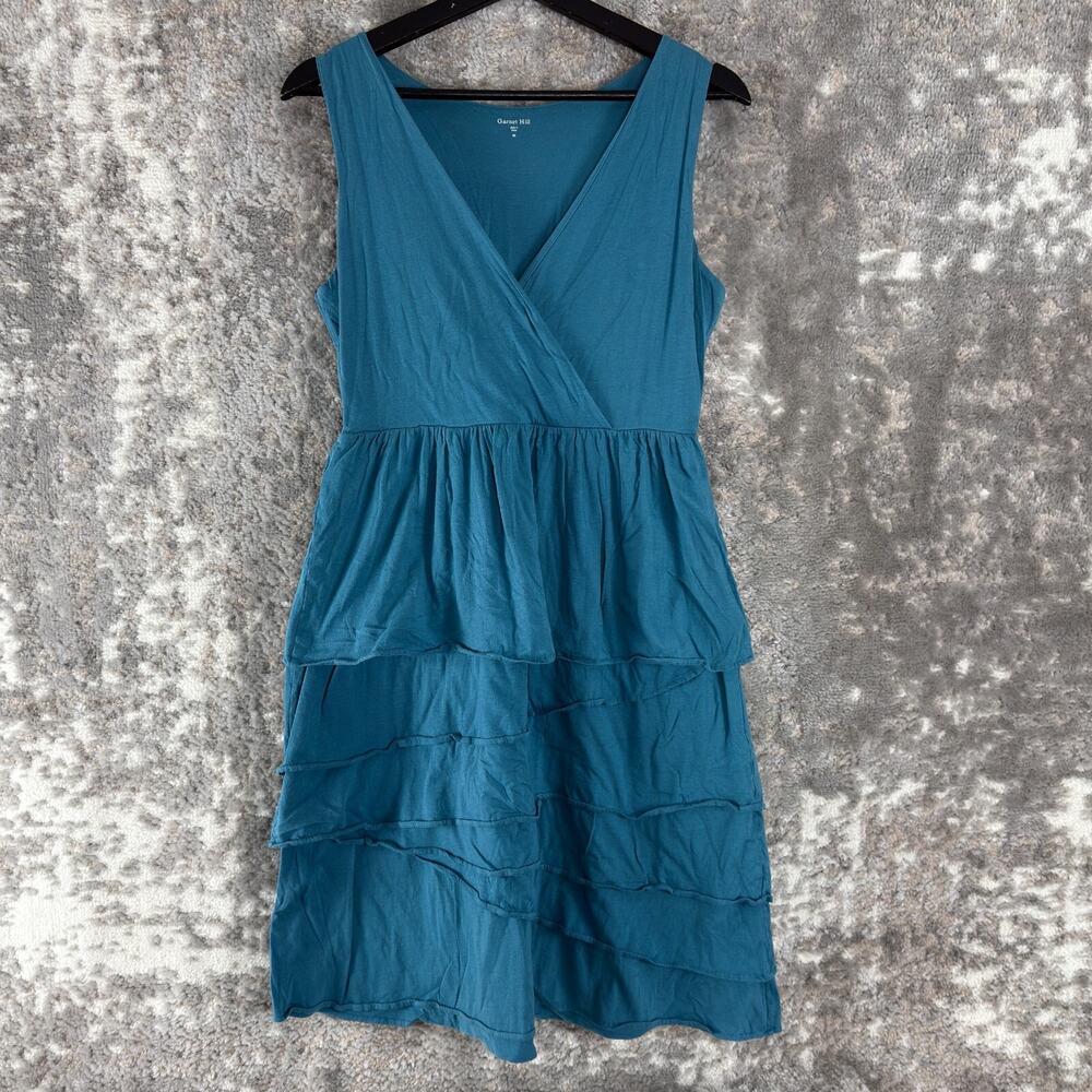 Garnet Hill Sz XS Faux Wrap V Neck Knee Length Fit Flared Dress Blue Sleeveless